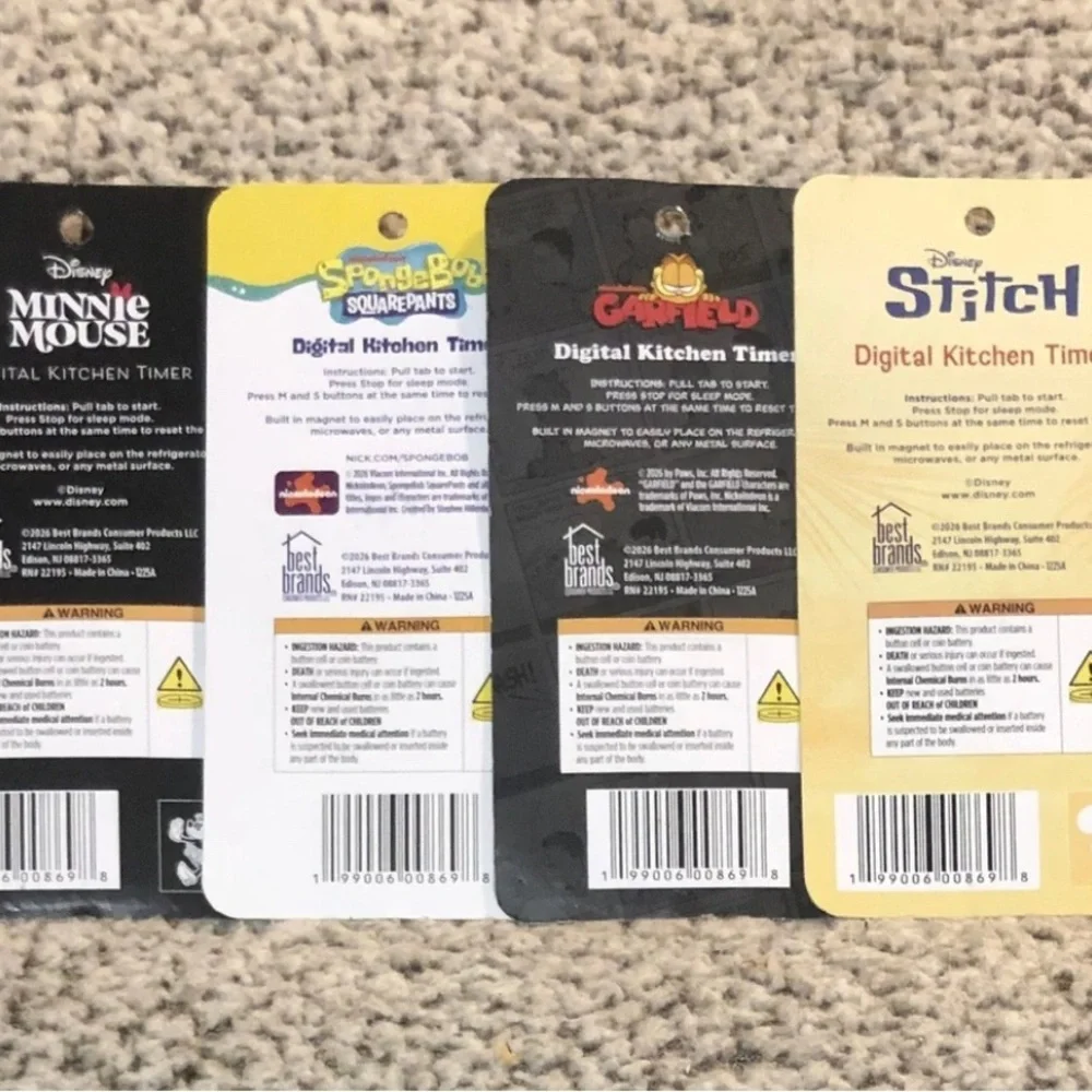 Disney Minnie, Stitch, Garfield & SpongeBob Digital Kitchen Timers Set of 4